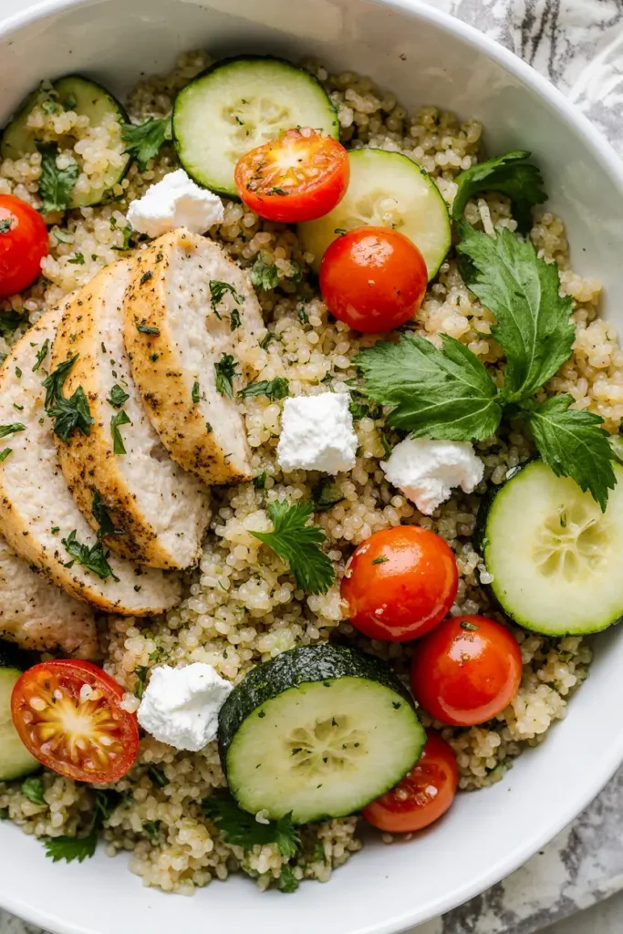 A close-up of a lemon herb chicken and quinoa bowl with cherry tomatoes, cucumber, feta cheese, and fresh parsley.