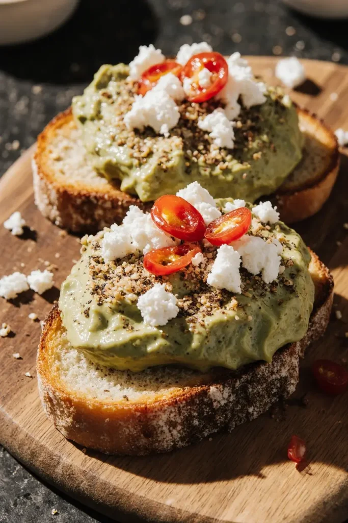  Photorealistic shot of creamy avocado toast on thick sourdough, topped with red pepper flakes, everything bagel seasoning, and feta cheese.