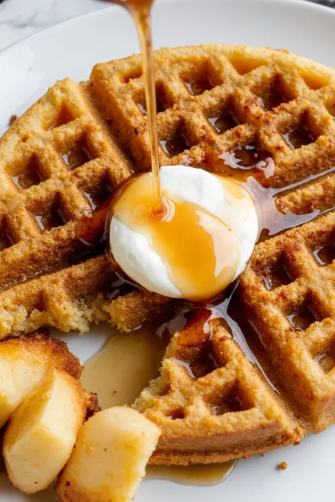 A crispy golden-brown sourdough discard waffle with melting butter and syrup.