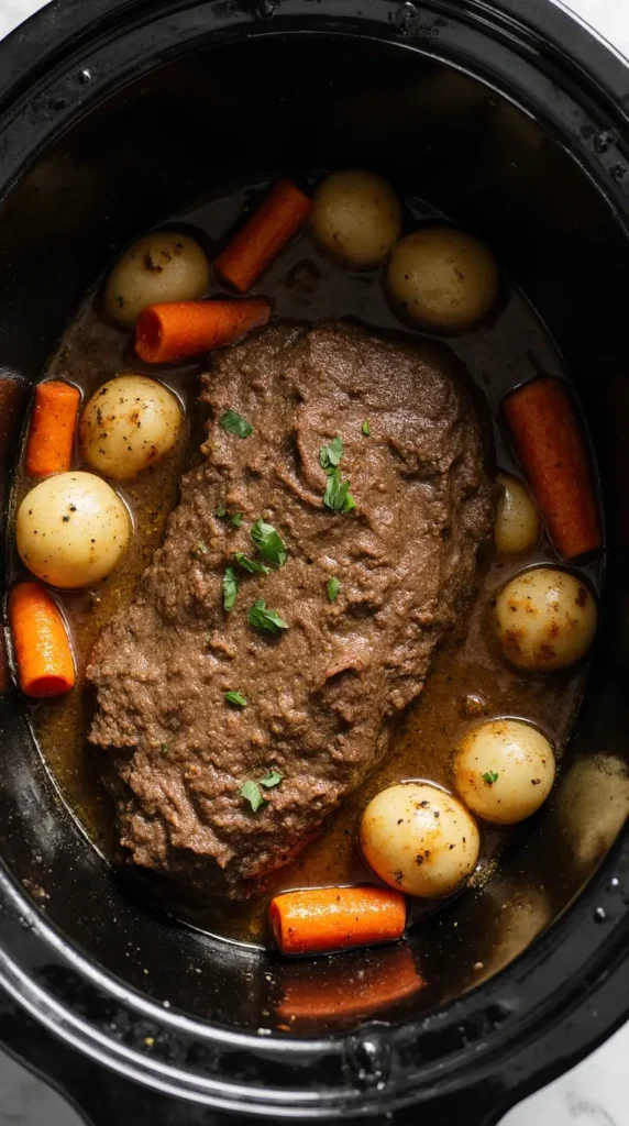 A close-up of a tender pot roast with carrots and potatoes in a slow cooker.fv