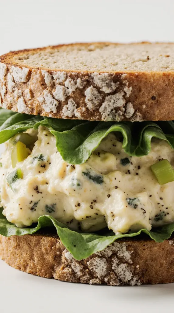  A close-up, photorealistic image of a classic egg salad sandwich on whole-grain bread, showing the creamy filling and chopped celery.