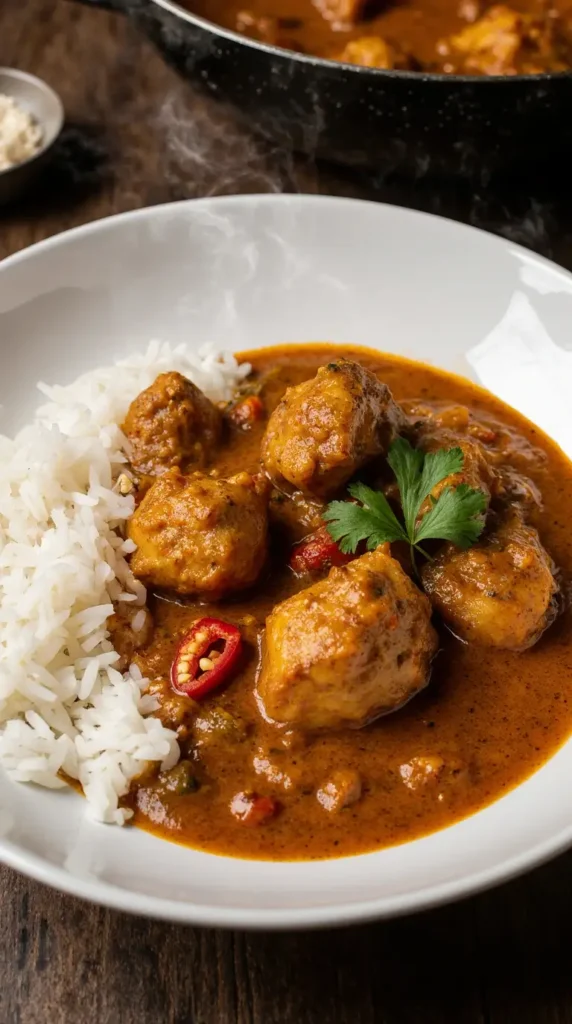 A photorealistic image of a rich and fast chicken curry served in a white bowl over rice, ready to eat in under 30 minutes.