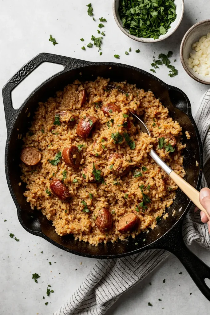 A top-down photorealistic shot of a rustic Cajun sausage and rice skillet dinner.