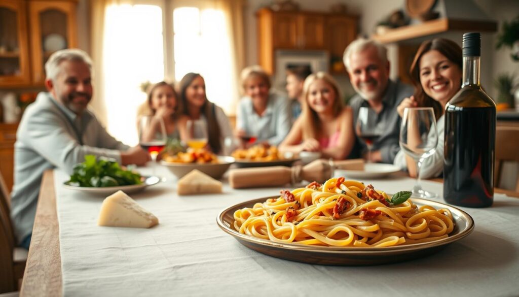 Overhead shot of comforting recipes for dinner in a cozy kitchen with soft lighting
