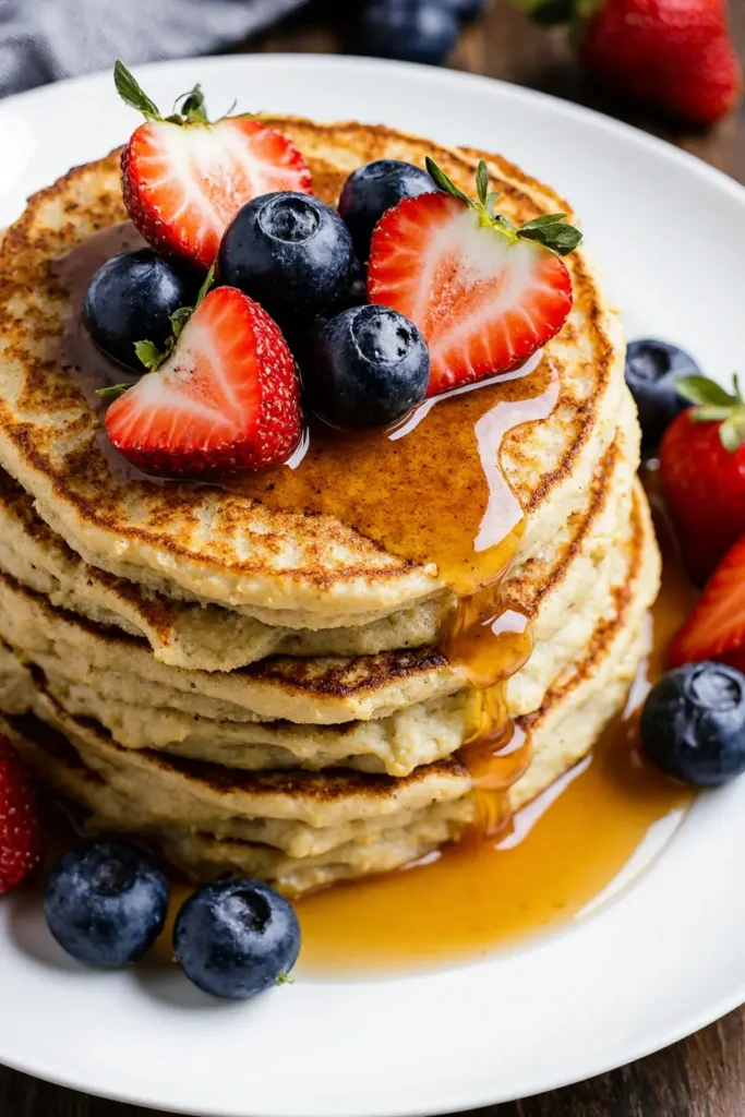 A close-up of a stack of fluffy sourdough discard pancakes with syrup and fresh berries.