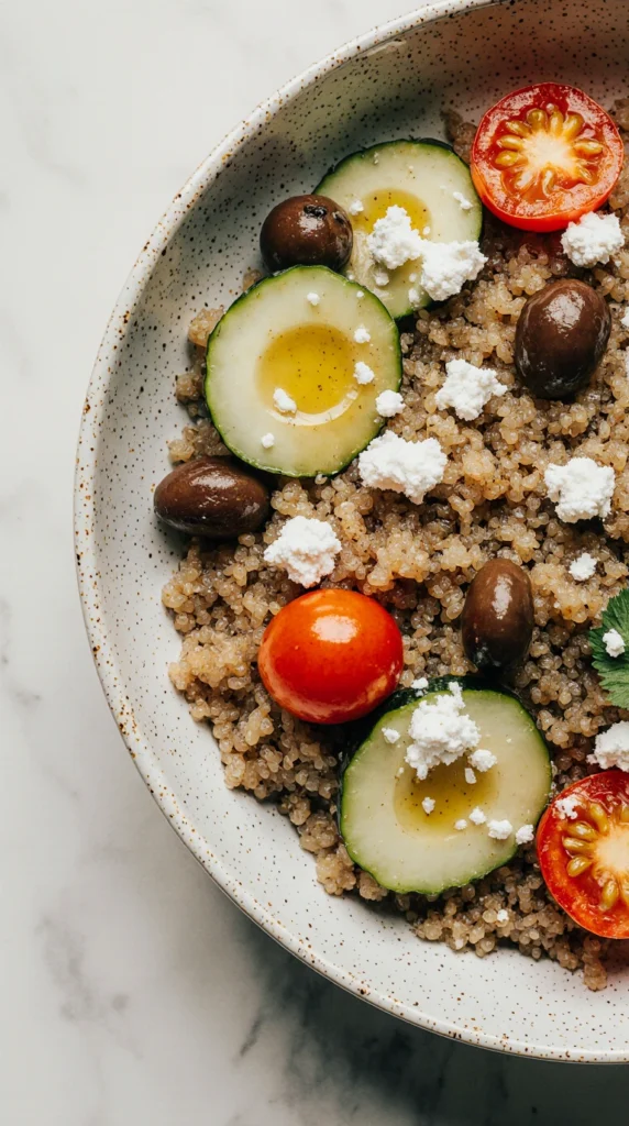 A photorealistic Mediterranean quinoa bowl with cherry tomatoes, cucumber, olives, and feta cheese, drizzled with olive oil.