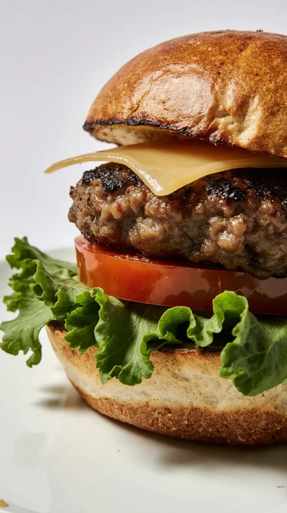 A juicy, grilled burger on a bun with lettuce, tomato, and cheese, representing a perfect summer BBQ meal.