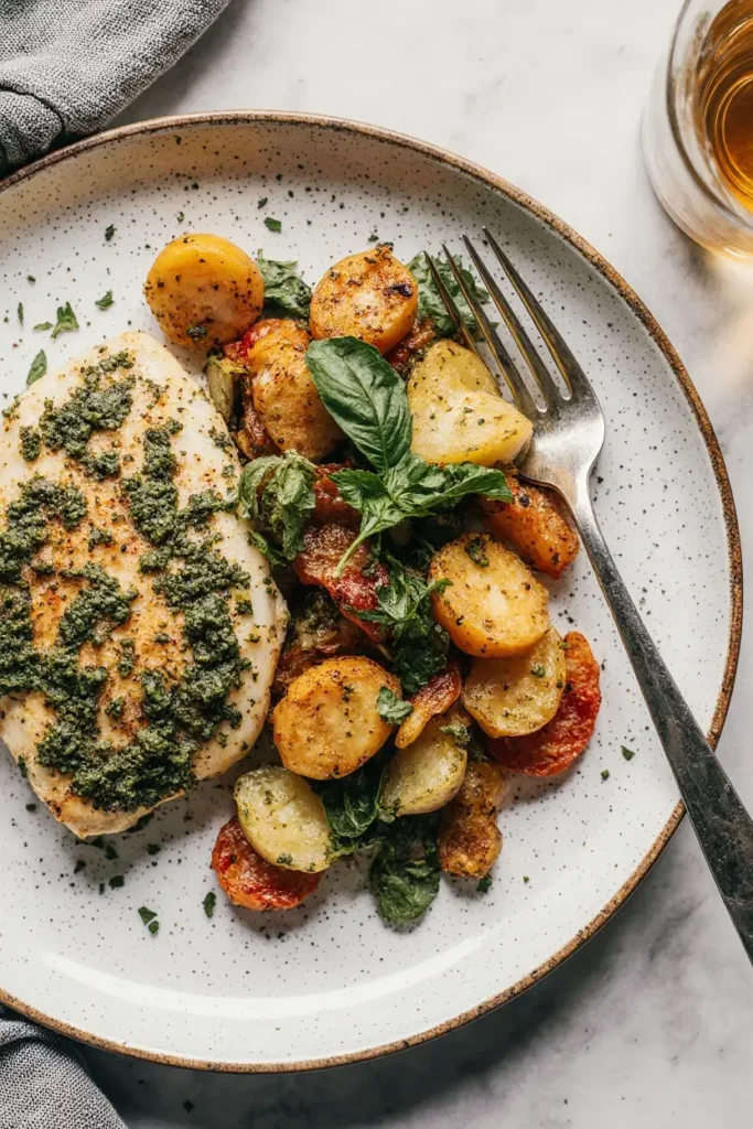  A bright, photorealistic image of healthy pesto chicken and roasted vegetables on a plate.