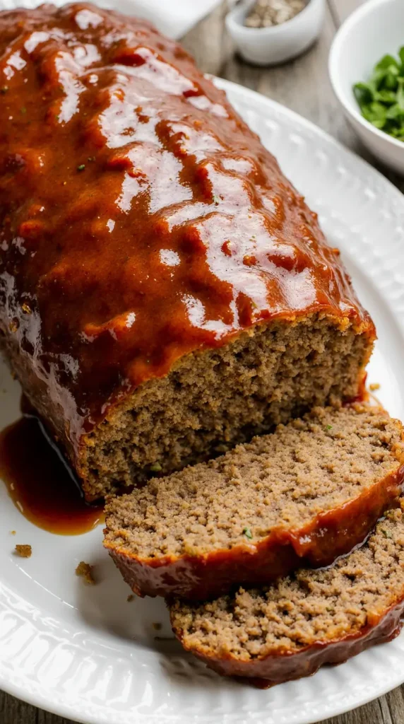 A classic, home-style meatloaf with a ketchup glaze, ready to be served.