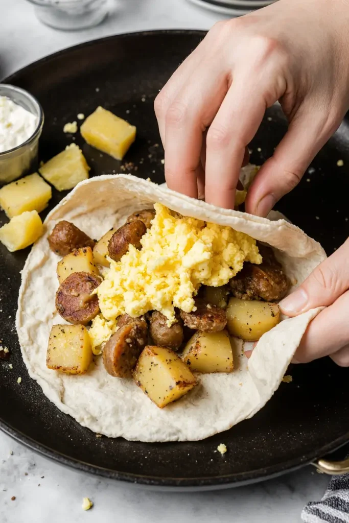  Hands assembling a breakfast burrito on a warm flour tortilla, adding fillings like potatoes, sausage, and scrambled eggs.