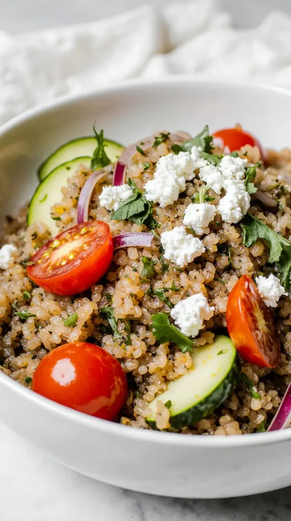  A close-up, photorealistic image of a fresh Mediterranean quinoa salad in a deep white bowl, highlighting the fresh vegetables and feta cheese.