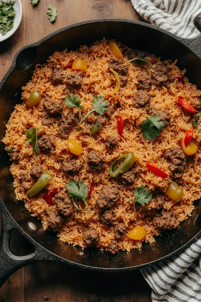 A vibrant overhead photorealistic shot of a Mexican Beef 'N' Rice skillet with seasoned ground beef, rice, and bell peppers.