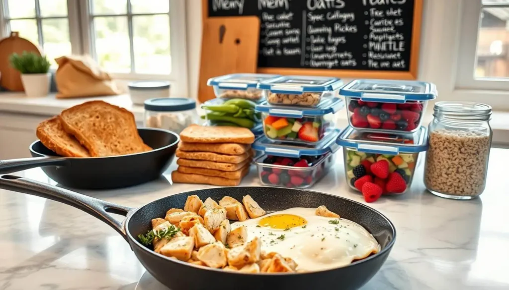 Overhead view of a cozy breakfast setup with chicken-stuffed waffles and maple syrup on the side.