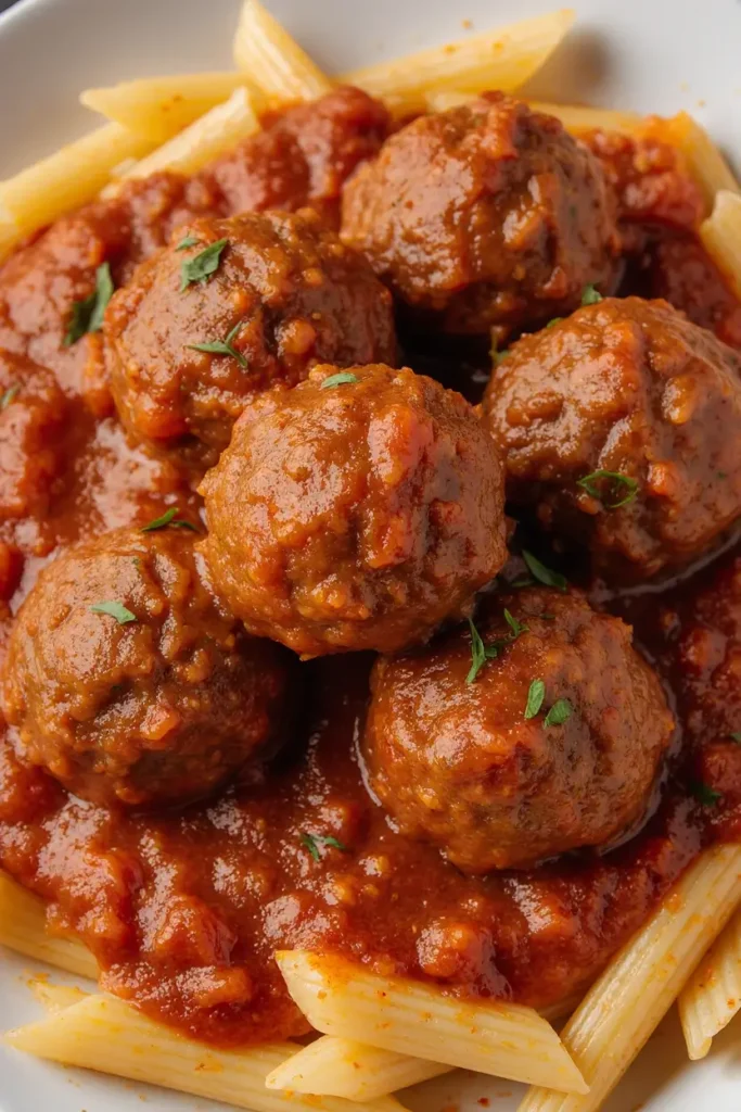  A close-up photorealistic image of homemade meatballs in marinara sauce over pasta.