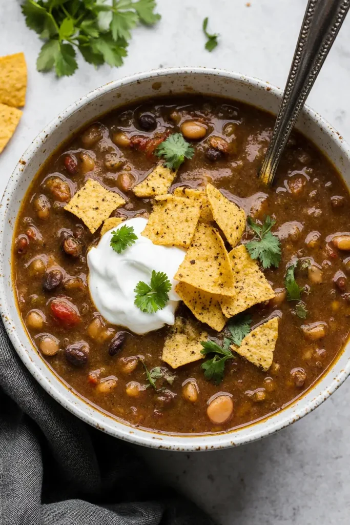 A rustic bowl of warm black bean soup garnished with sour cream, cilantro, and crushed tortilla chips.