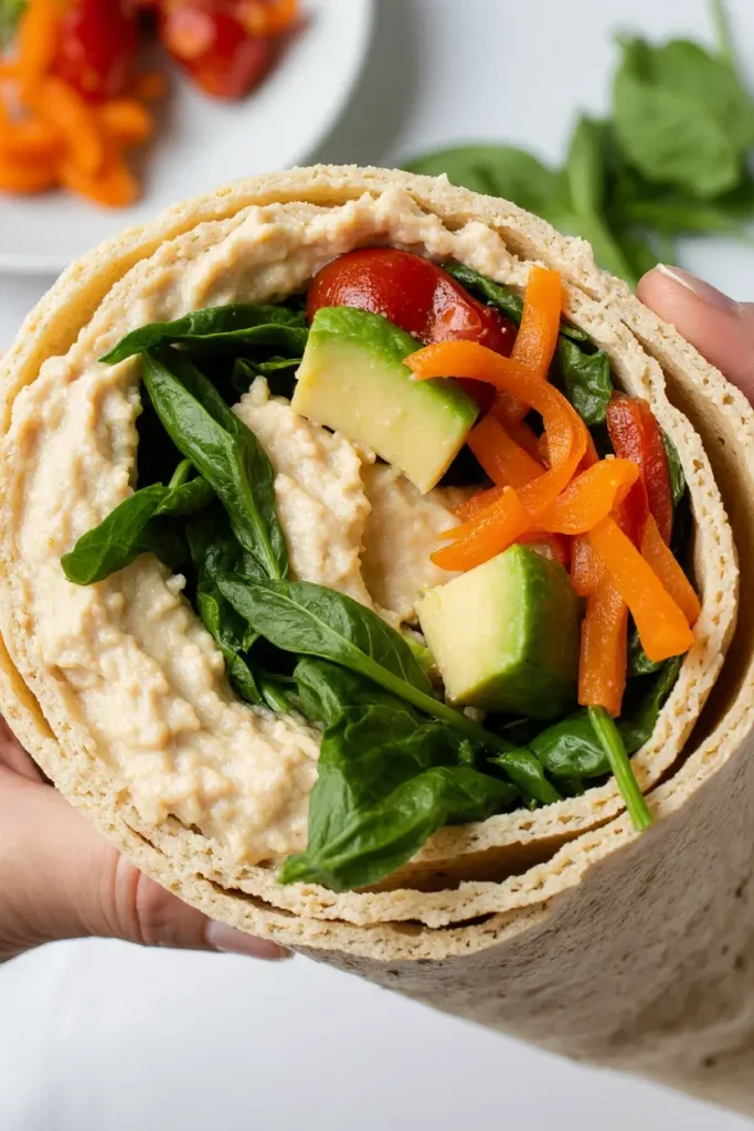  A sliced whole-wheat tortilla wrap is filled with hummus, spinach, shredded carrots, red bell pepper, and avocado.