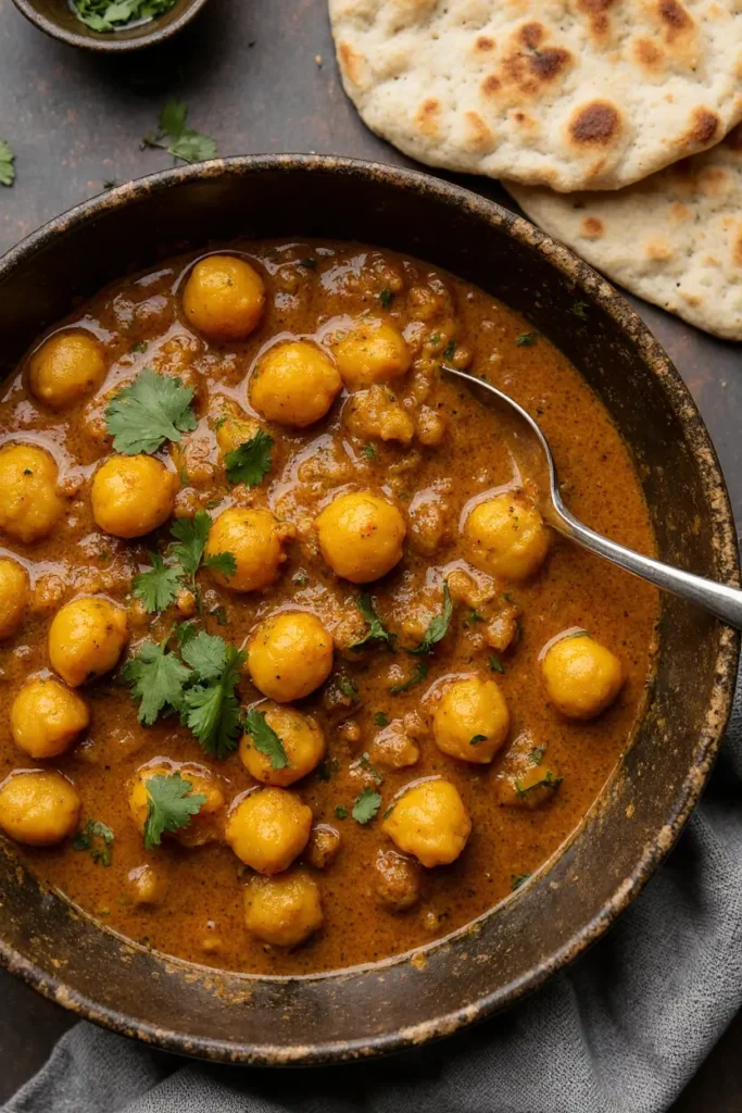 A comforting, photorealistic close-up of Indian Butter Chickpeas in a rustic bowl with a side of naan bread.