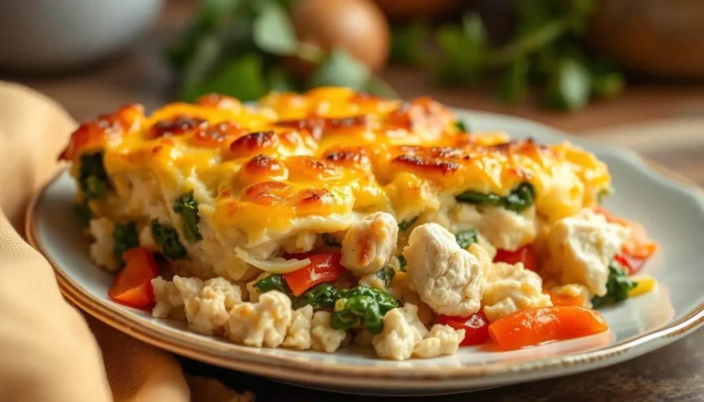 Close-up of a skillet filled with sizzling chicken hash, golden potatoes, and runny eggs.