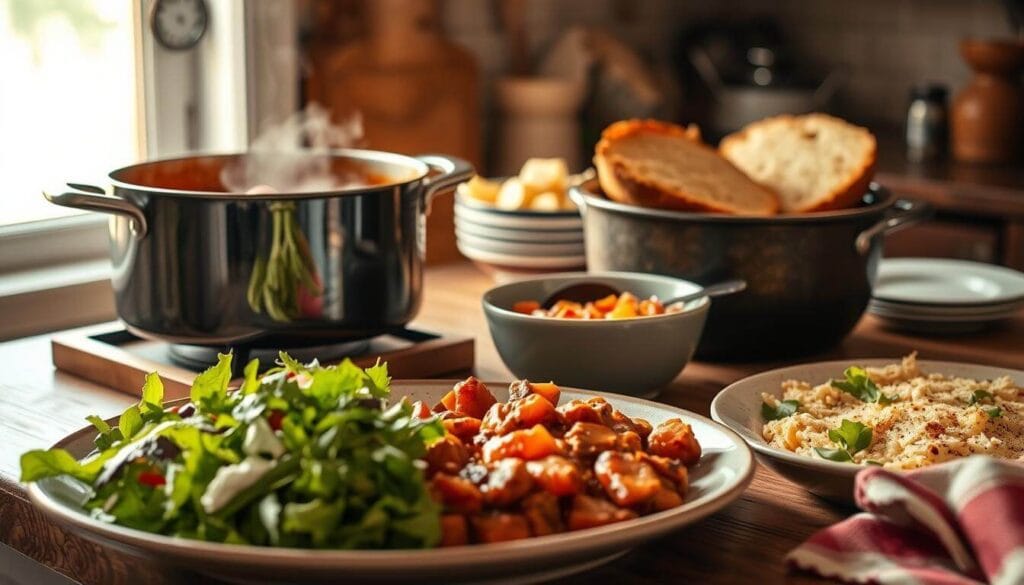 Rustic wooden table featuring baked salmon, lemon wedges, and steamed greens – healthy dinner recipe idea.