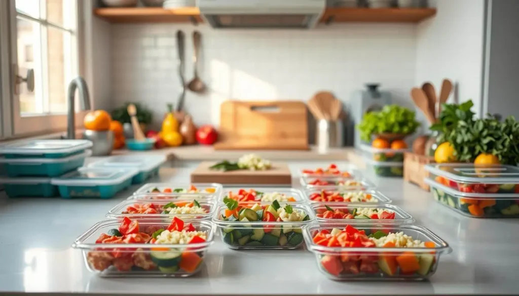 Overhead shot of a vibrant lunch spread featuring wraps, salad, and fruit, styled with napkins and cutlery in a natural kitchen setting.
