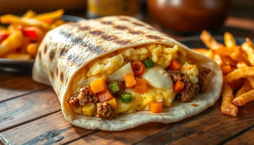 A freshly wrapped breakfast burrito on a wooden table, with ingredients like eggs, beans, and avocado peeking out.