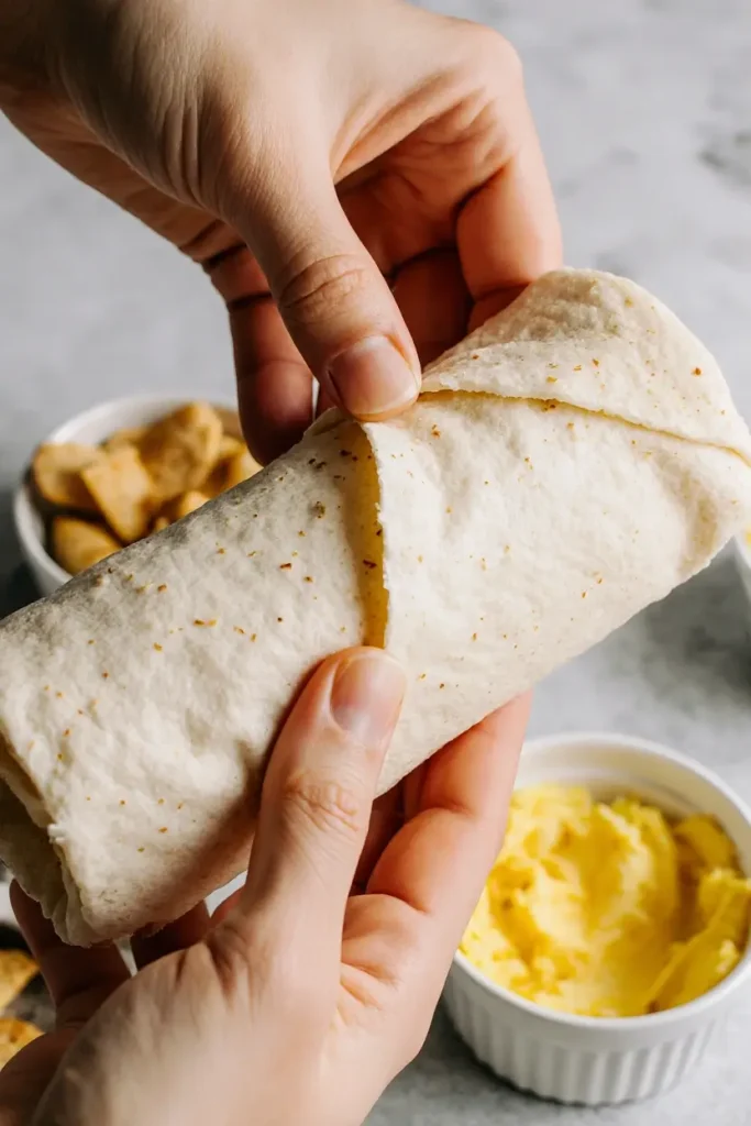A close-up demonstrating the correct way to fold a breakfast burrito to prevent tearing and spilling.