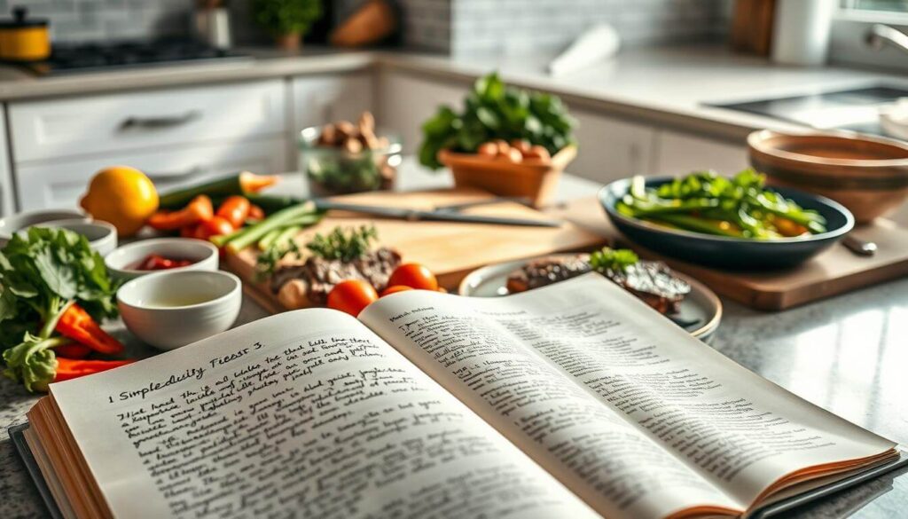 Freshly cooked recipes for dinner with grilled chicken and sautéed vegetables on a wooden table