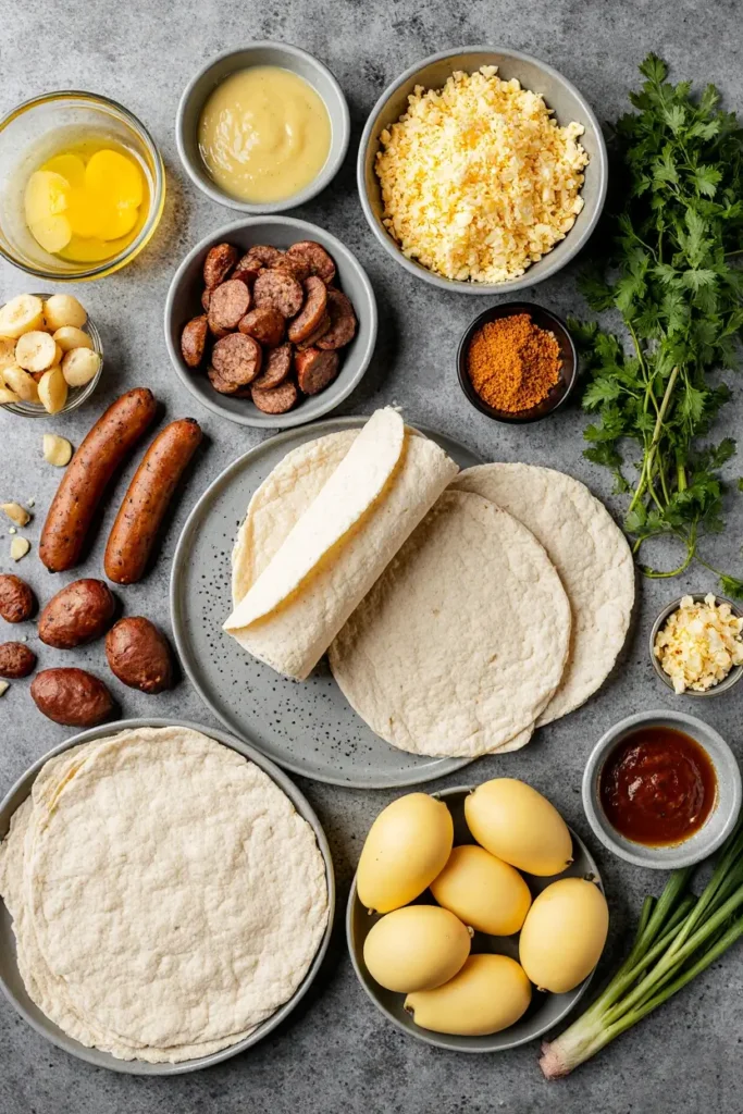 A flat lay of fresh ingredients for a easy breakfast burrito recipe, including flour tortillas, eggs, sausage, cheese, and potatoes.