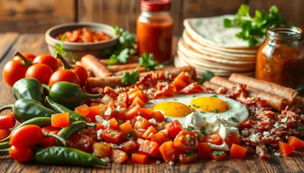 Overhead shot of a cozy kitchen counter with two breakfast burritos on a plate, garnished with fresh herbs and salsa.