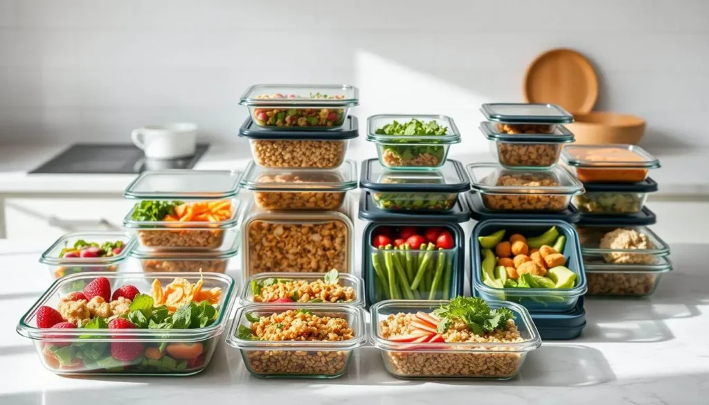 Mason jar salad with layers of fresh greens, chickpeas, and cherry tomatoes – healthy lunch recipes.