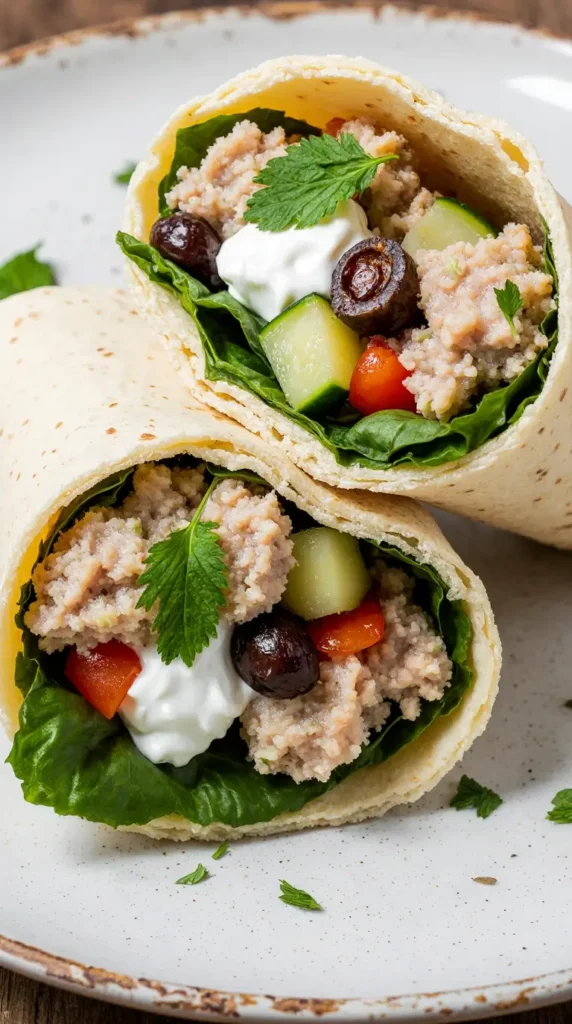 Two Mediterranean tuna wraps sliced in half, showing the filling of tuna, Kalamata olives, red bell pepper, and spinach on a plate.