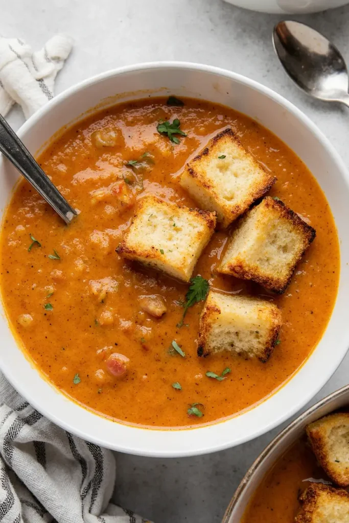 A comforting bowl of creamy tomato soup topped with golden-brown grilled cheese croutons.
