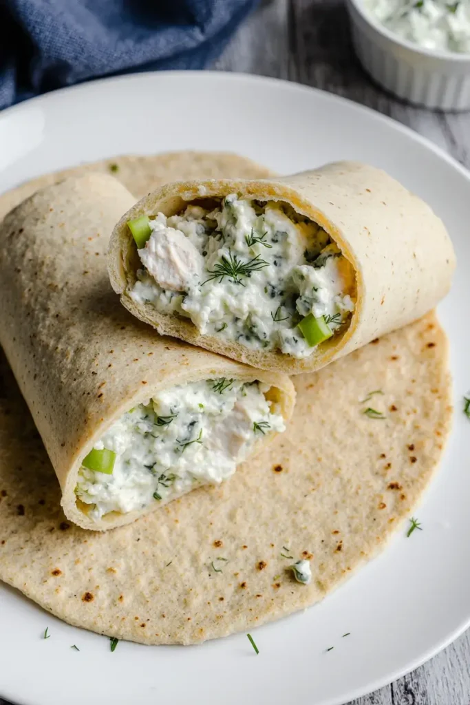 A healthy Greek yogurt chicken salad wrap on a whole-wheat tortilla, cut in half to show the delicious filling of chicken, celery, and dill.