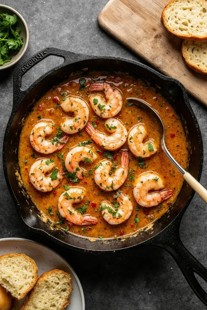 A rustic skillet filled with succulent lemon garlic shrimp scampi, garnished with fresh parsley and served with crusty bread.