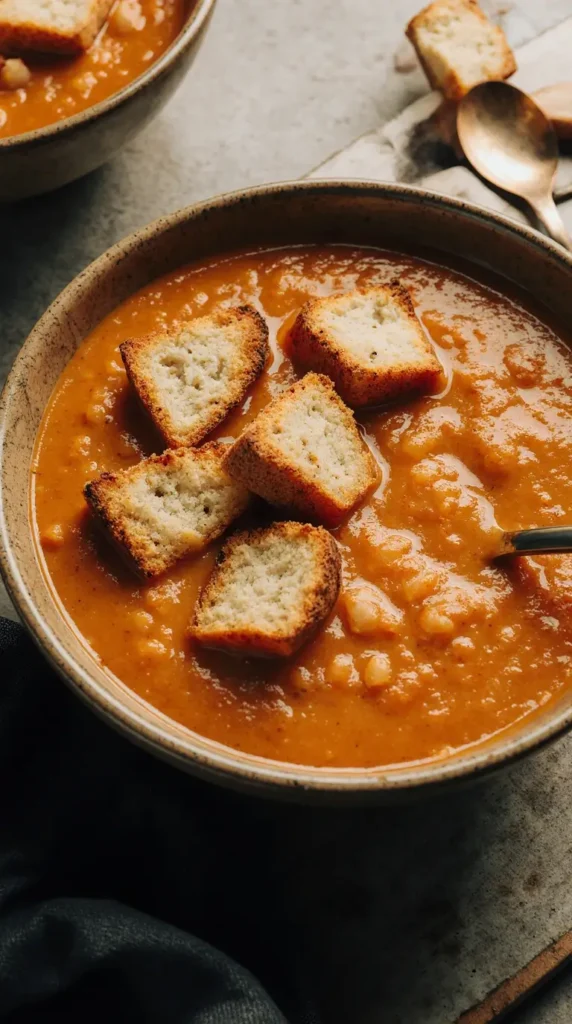 A comforting bowl of creamy tomato soup garnished with a pile of golden, bite-sized grilled cheese croutons.