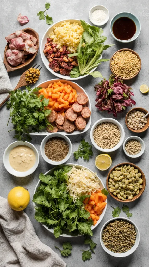 A flat lay of essential ingredients for nutritious lunches, including lean proteins, colorful vegetables, and whole grains.