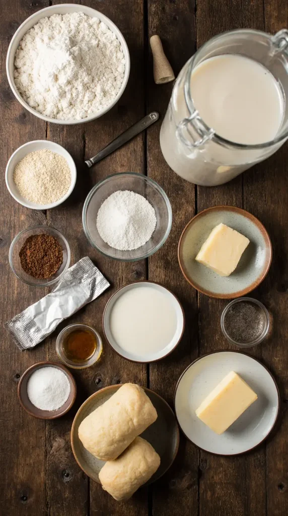 A flat lay of essential ingredients for the perfect dinner rolls recipe, including all-purpose flour, milk, butter, sugar, salt, and yeast.