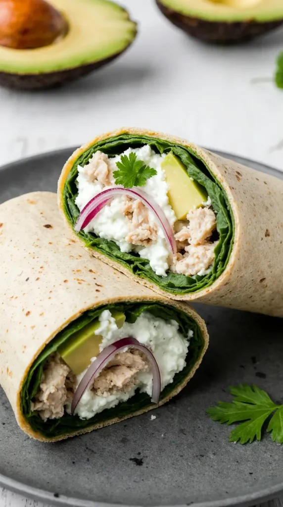  A freshly made chicken and avocado wrap sliced in half, revealing shredded chicken, creamy avocado, and spinach in a whole-wheat tortilla.