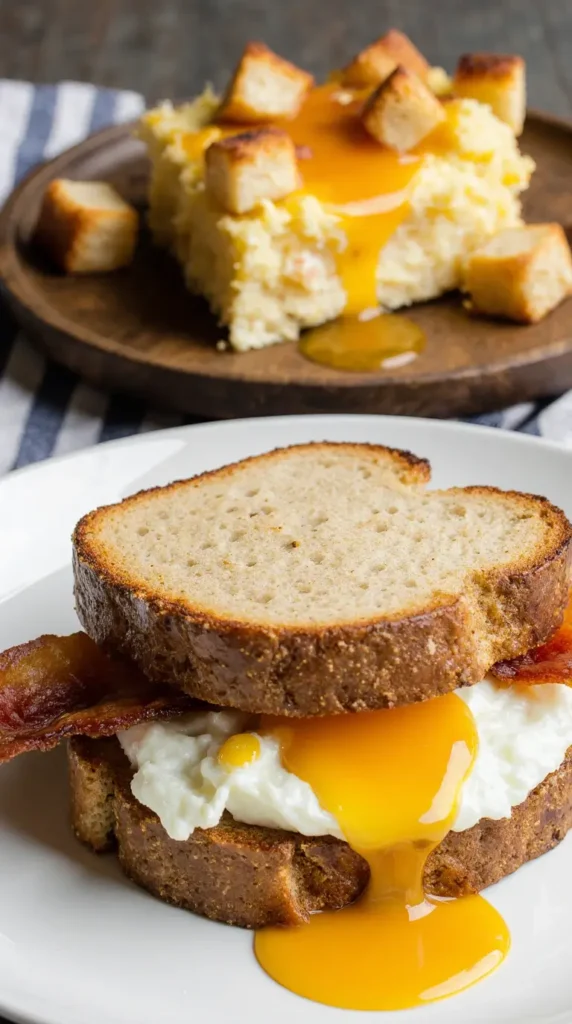 A hearty, savory sourdough breakfast sandwich with thick-cut bread, egg, melted cheese, and crispy bacon.