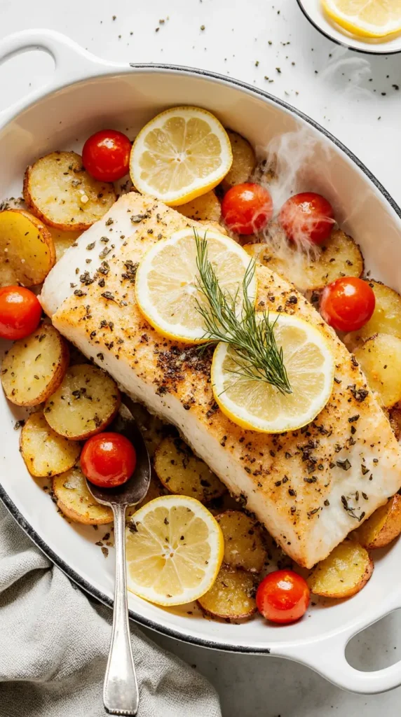 A perfectly baked cod fillet on a bed of potatoes and tomatoes, garnished with fresh lemon and dill in a white baking dish.