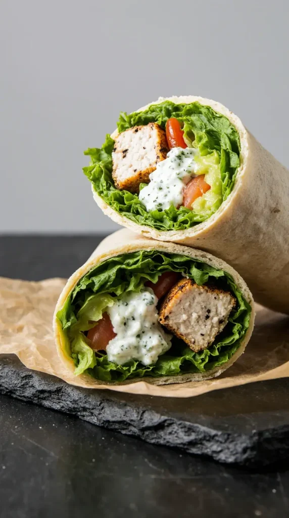 A protein-packed Greek chicken salad wrap, a Mediterranean-inspired low calorie lunch idea.