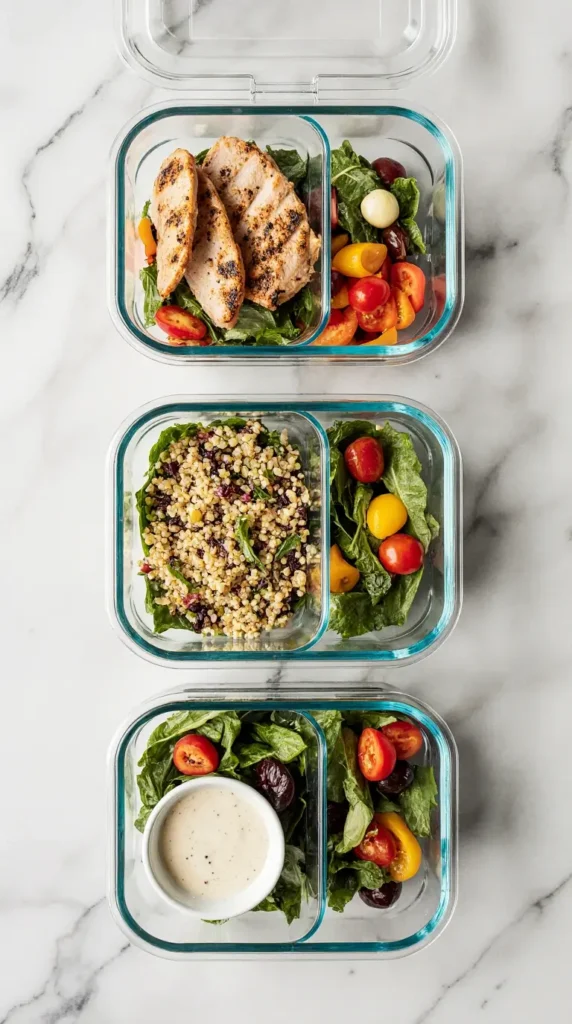 A row of glass meal prep containers showcasing a successful strategy for low calorie lunches.