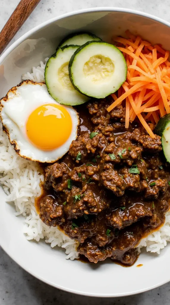  A savory Korean beef bowl with ground beef in a sweet soy sauce glaze over rice, topped with shredded carrots, cucumber, and a fried egg.