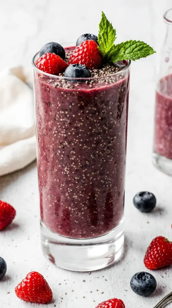 A tall glass of a creamy, purple-colored berry and chia seed protein smoothie, topped with fresh berries.