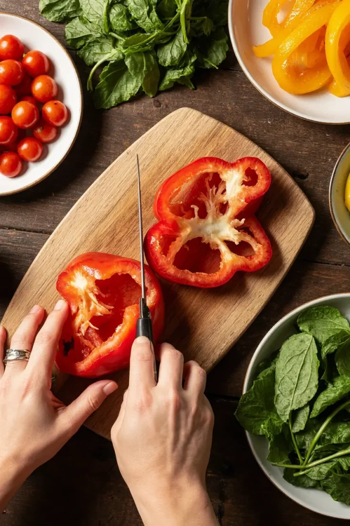 Hands slicing fresh red bell peppers on a wooden board surrounded by other colorful vegetables like spinach and tomatoes.