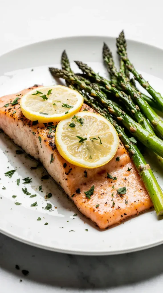 A close-up shot of a baked salmon fillet with lemon and herbs, next to green asparagus on a white plate.