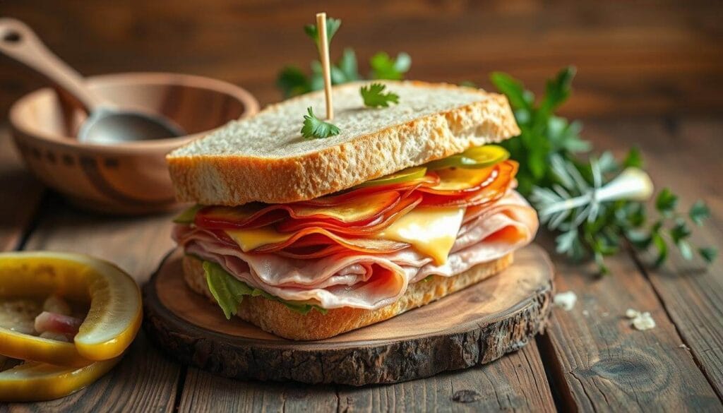 Best lunch idea showing a hearty chicken salad with cherry tomatoes and rustic bread on the side
