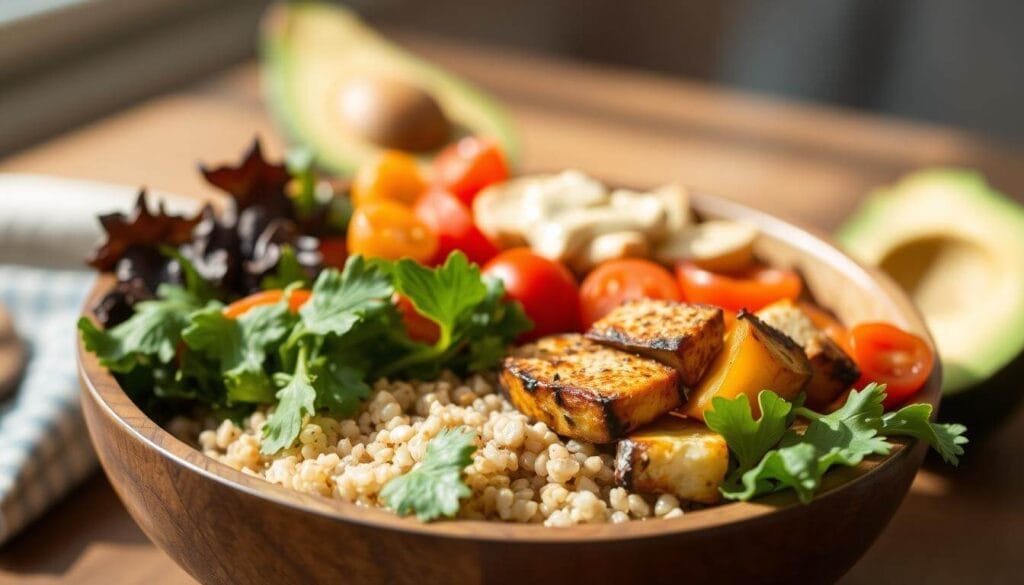 Best lunch served in a sunlit kitchen—rice bowl with spicy tofu and avocado slices