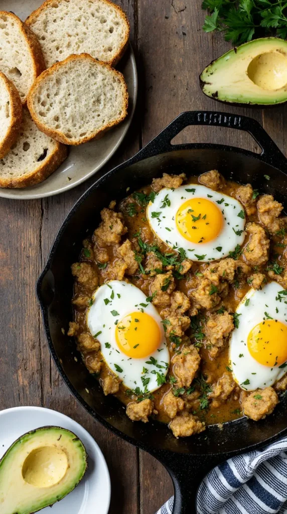 A chicken and eggs skillet served on a rustic table with sourdough bread and sliced avocado.