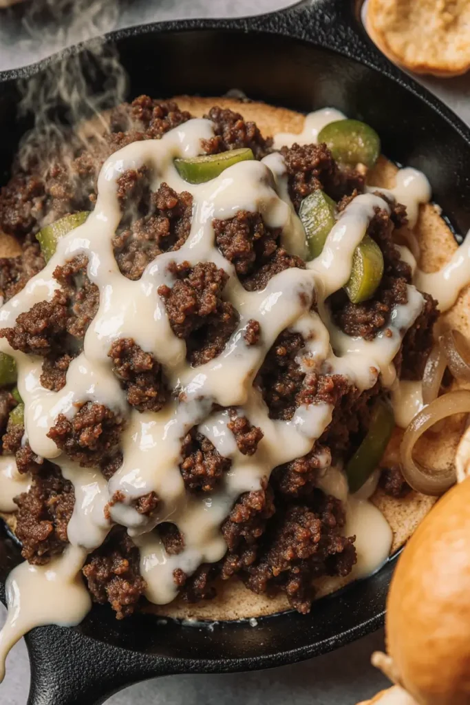 A macro photorealistic shot of gloopy, creamy provolone cheese melting over a mixture of ground beef, onions, and peppers in a skillet.